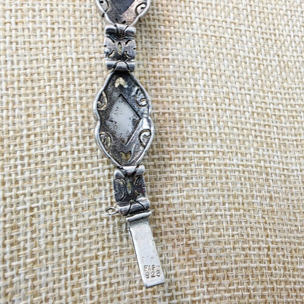 Vtg Abalone Marcasite Sterling Silver 925 Black and White Diamond Link Bracelet - Picture 5 of 6